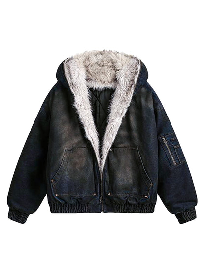 Jaqueta Washed Denim Fur Hooded