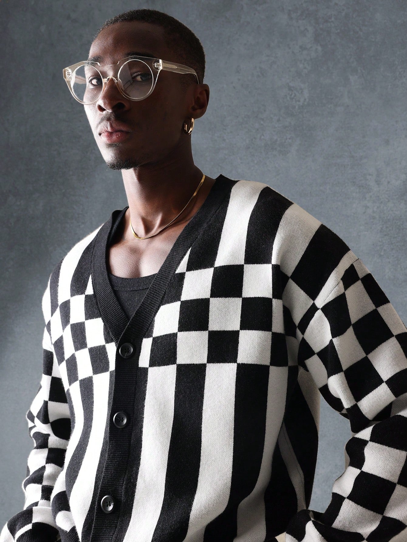 Suéter SMWN Cardigã de Tricô Intarsia Xadre