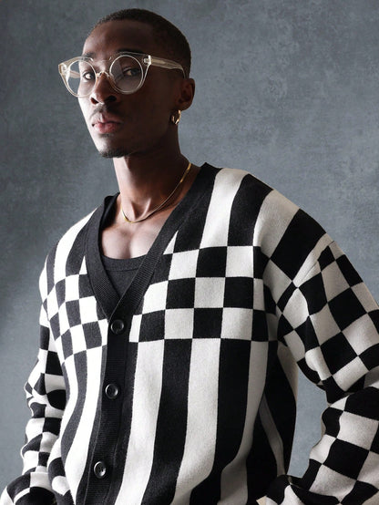 Suéter SMWN Cardigã de Tricô Intarsia Xadre