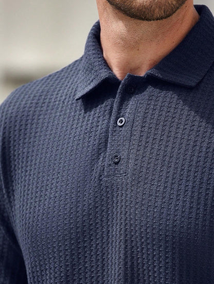 Camisa CasualCool Polo de Manga Longa com Textura de Waffle Azul Marinho