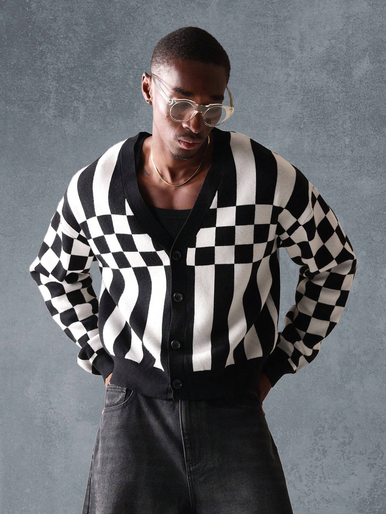 Suéter SMWN Cardigã de Tricô Intarsia Xadre