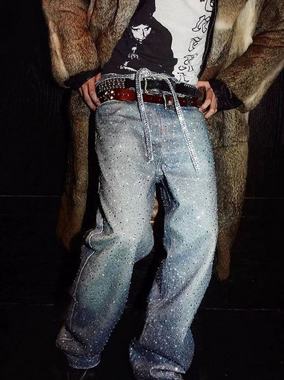 Distressed Diamond Decorated Belt Jeans