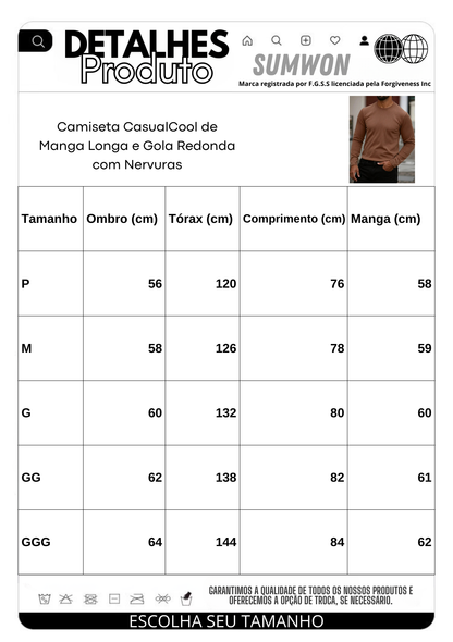 Camiseta CasualCool de Manga Longa e Gola Redonda com Nervuras