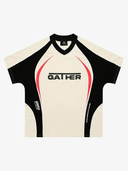 Contrast Color Stitching V-neck Short-sleeved T-shirt