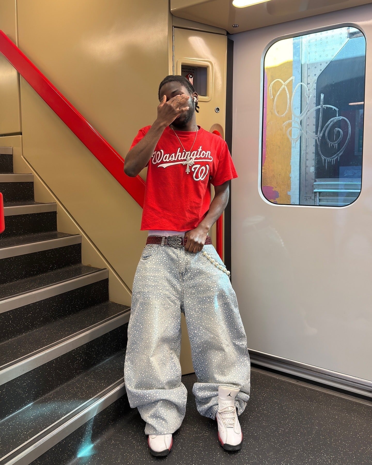 Calça Ink Splashed Hotfix Rhinestone Baggy Jeans