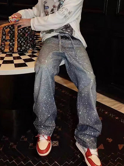 Distressed Diamond Decorated Belt Jeans