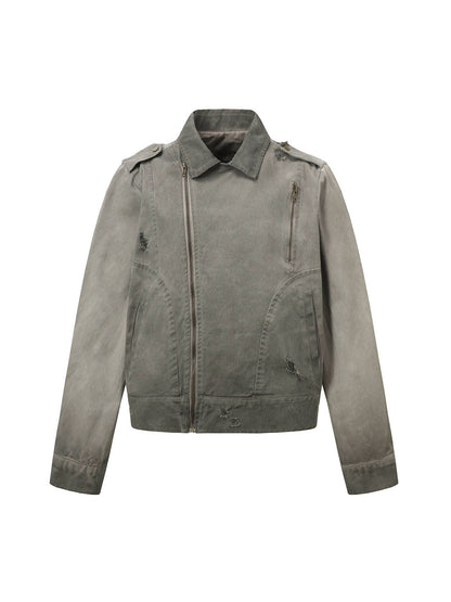 Jaqueta Distressed Irregular Zip Up Denim Jacket