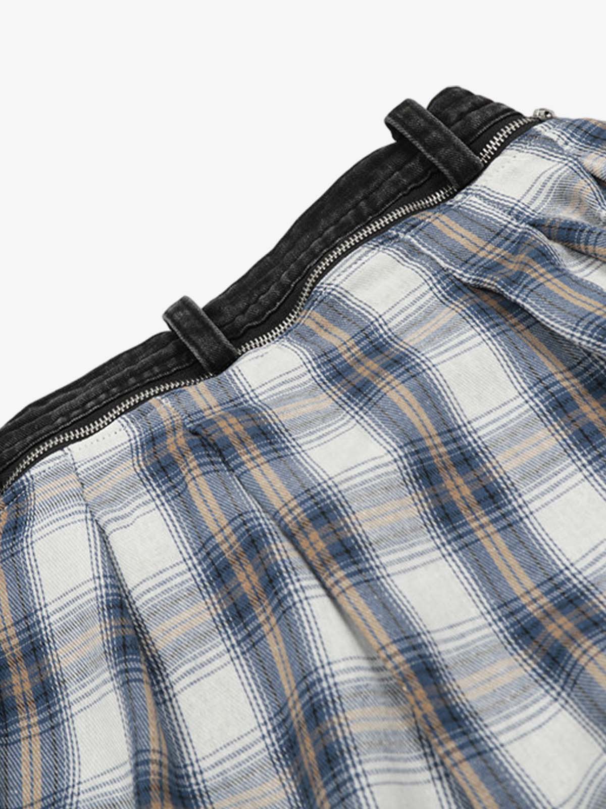 Faux Two-piece Plaid Detachable Scimitar Jeans - 2435