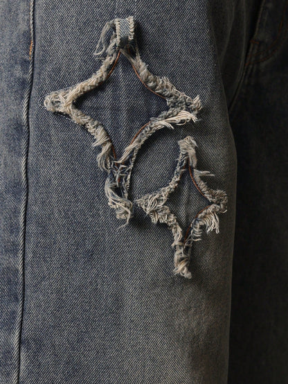 Calça Denim Solto com Aplicação Stars
