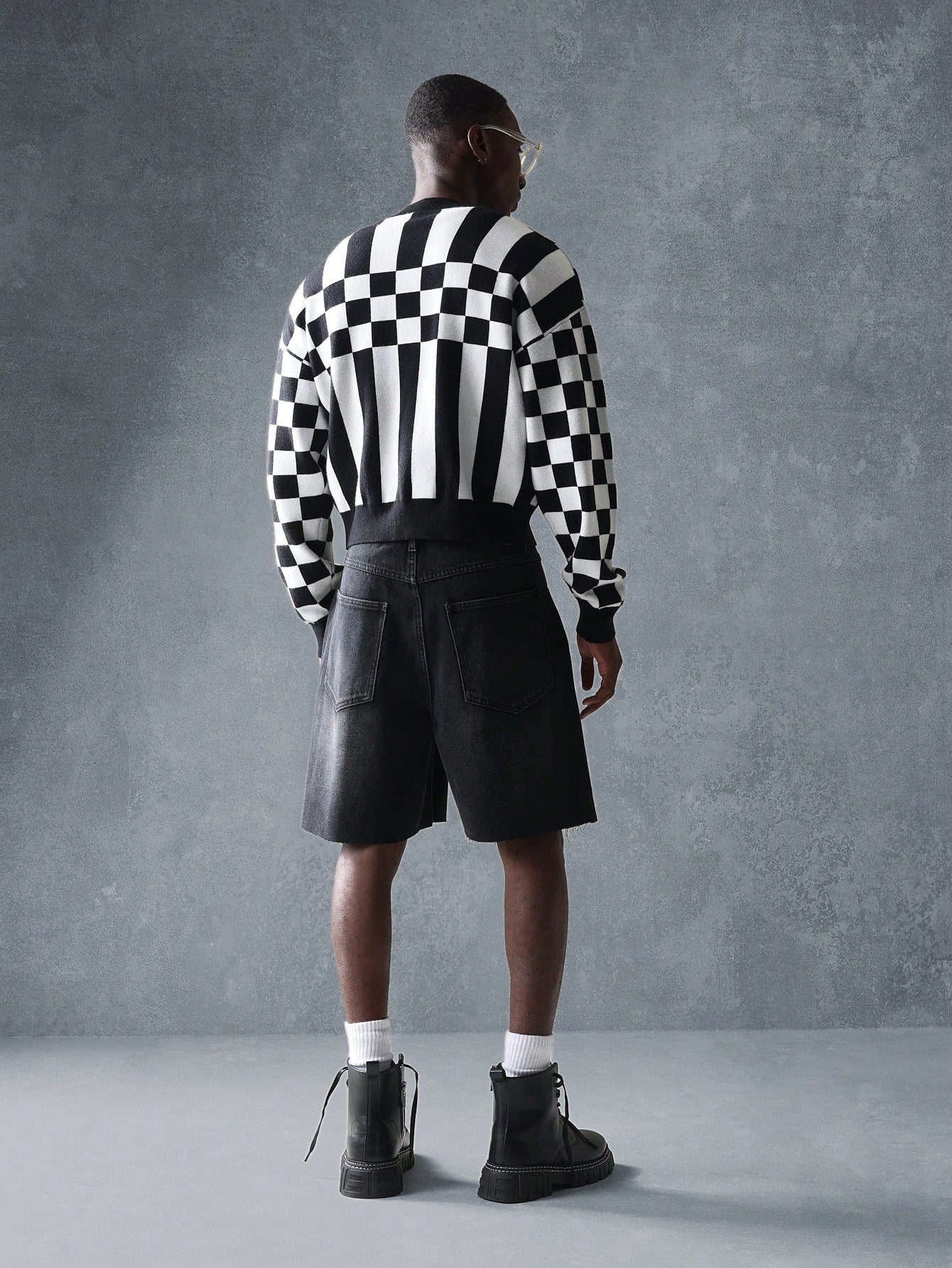 Suéter SMWN Cardigã de Tricô Intarsia Xadre