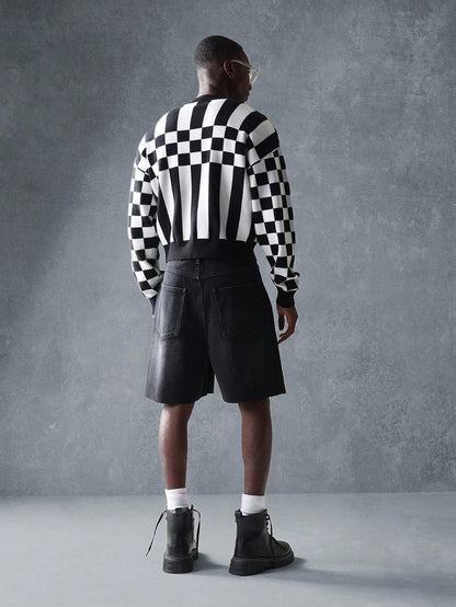 Suéter Cardigã de Tricô Intarsia Xadre