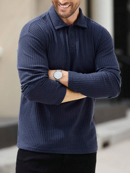 Camisa CasualCool Polo de Manga Longa com Textura de Waffle Azul Marinho