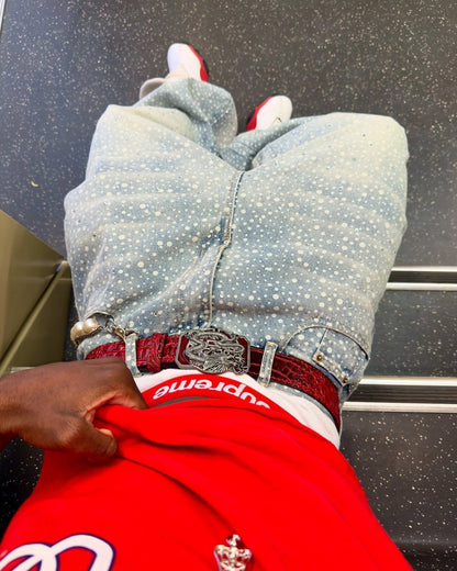 Calça Ink Splashed Hotfix Rhinestone Baggy Jeans