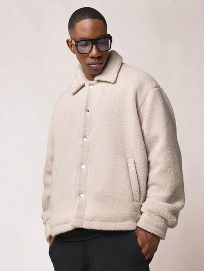 Jaqueta Caixa Abotoada em Tecido Borg