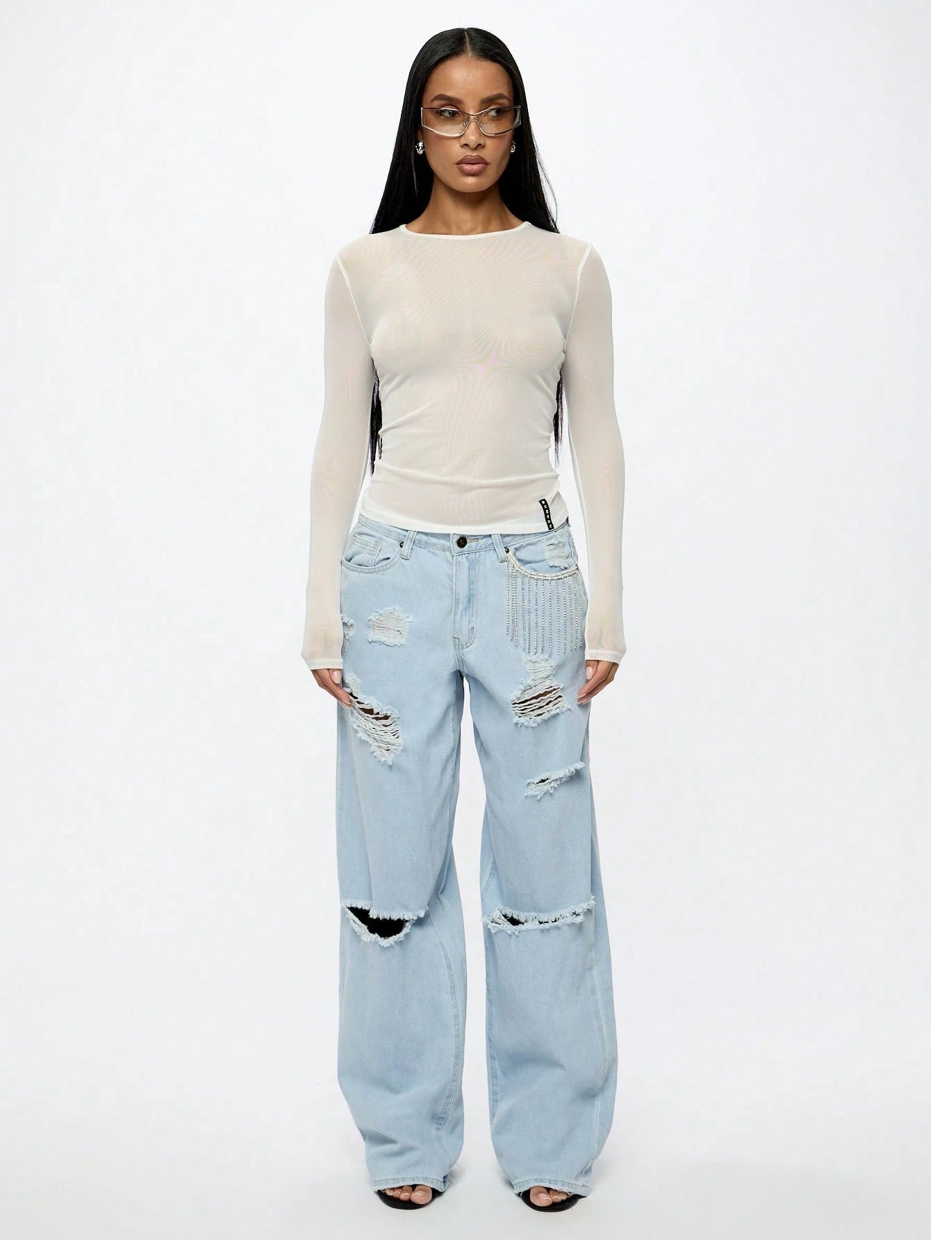 Camiseta Ajustada de Mangas Longas e Gola Redonda em Tela