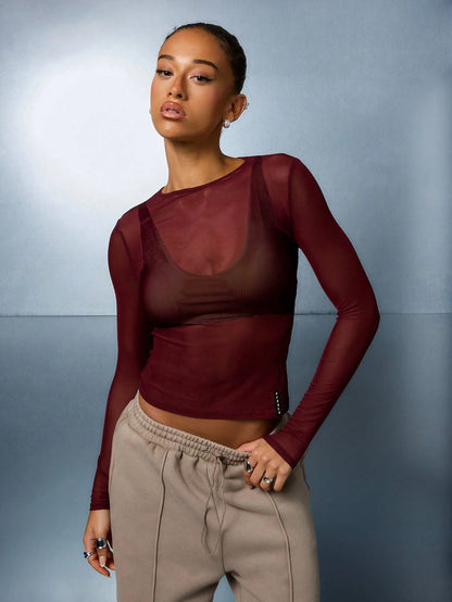 Camiseta Ajustada de Mangas Longas e Gola Redonda em Tela