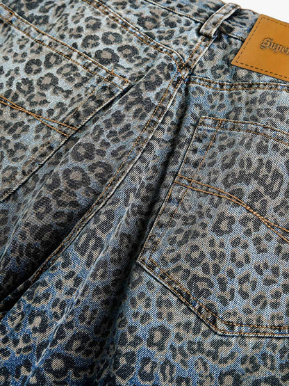 Street Leopard Print Barrel Jeans - 2458