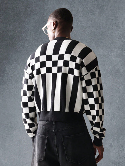 Suéter Cardigã de Tricô Intarsia Xadre