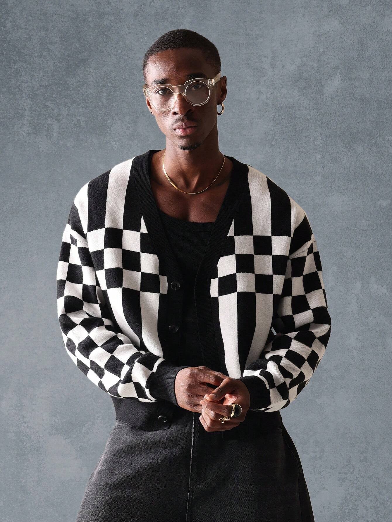 Suéter Cardigã de Tricô Intarsia Xadre