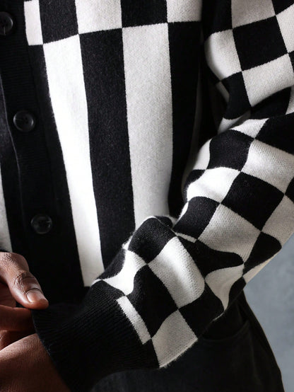 Suéter SMWN Cardigã de Tricô Intarsia Xadre