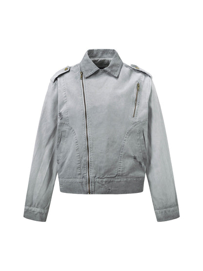 Jaqueta Distressed Irregular Zip Up Denim Jacket