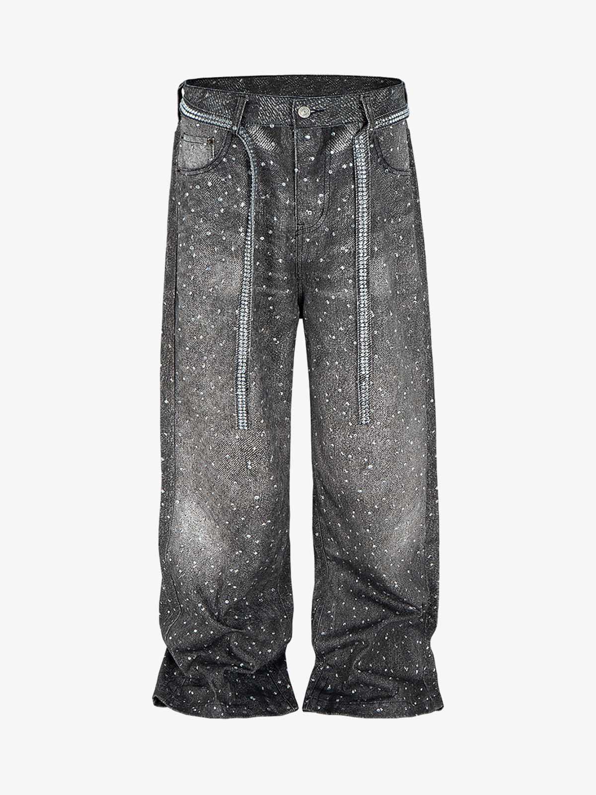 Distressed Diamond Decorated Belt Jeans