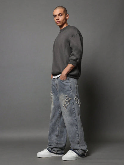 Calça Denim Solto com Aplicação Stars