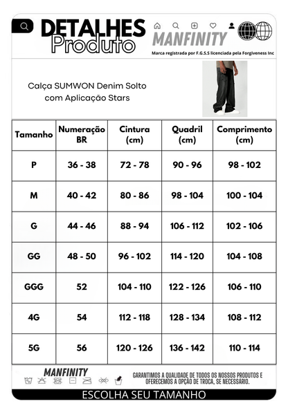 Calça Denim Solto com Aplicação Stars