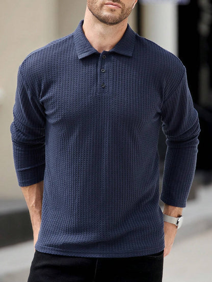 Camisa CasualCool Polo de Manga Longa com Textura de Waffle Azul Marinho