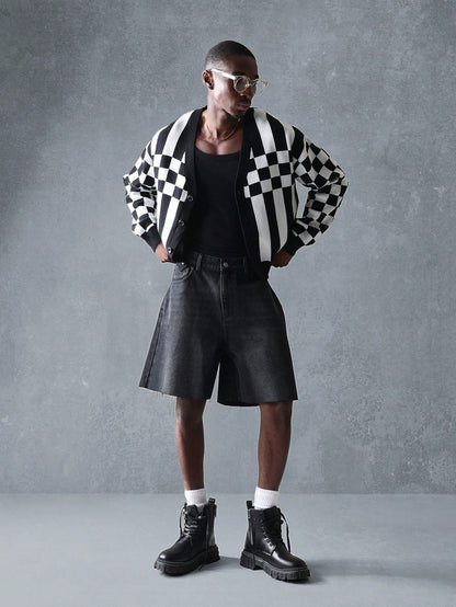 Suéter SMWN Cardigã de Tricô Intarsia Xadre