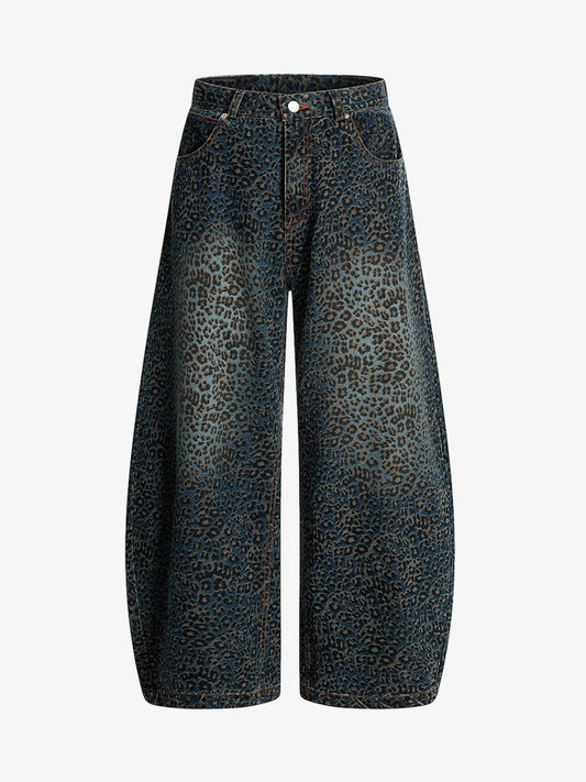 Street Leopard Print Barrel Jeans - 2458
