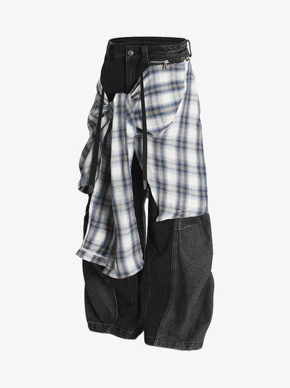 Faux Two-piece Plaid Detachable Scimitar Jeans - 2435