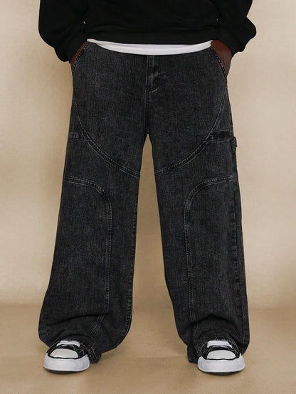 Calça Denim Reta Anos 90 com Painéis Curvos