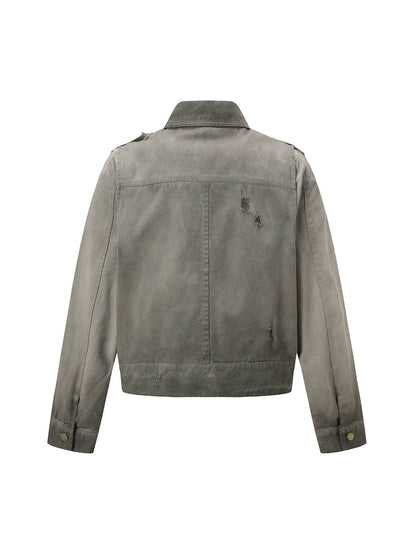 Jaqueta Distressed Irregular Zip Up Denim Jacket