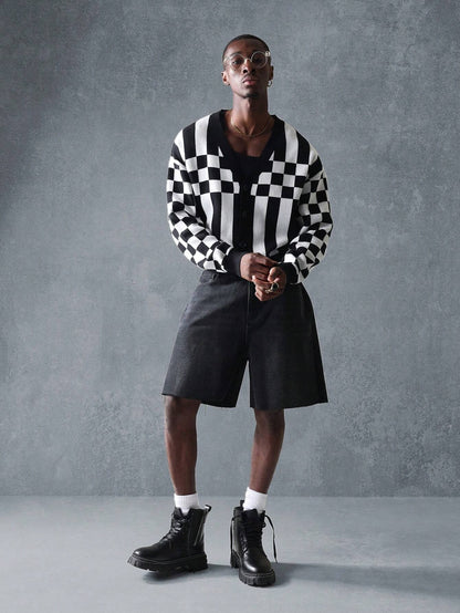 Suéter Cardigã de Tricô Intarsia Xadre