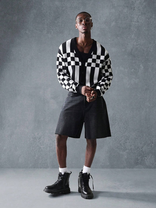 Suéter Cardigã de Tricô Intarsia Xadre