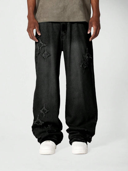 Calça Denim Solto com Aplicação Stars