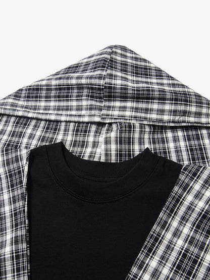 Detachable Badge Hooded Plaid Cape T-shirt