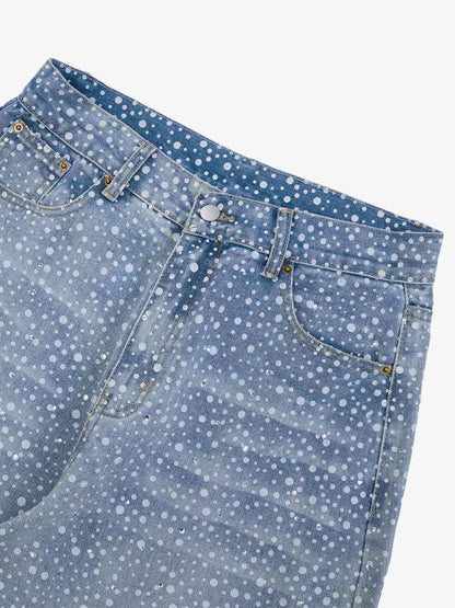 Calça Ink Splashed Hotfix Rhinestone Baggy Jeans