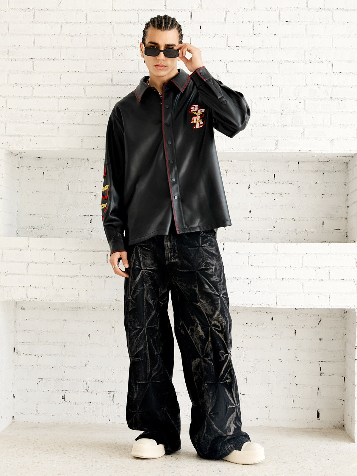 Calça Heavy Washed Distressed Pleated Baggy Jeans