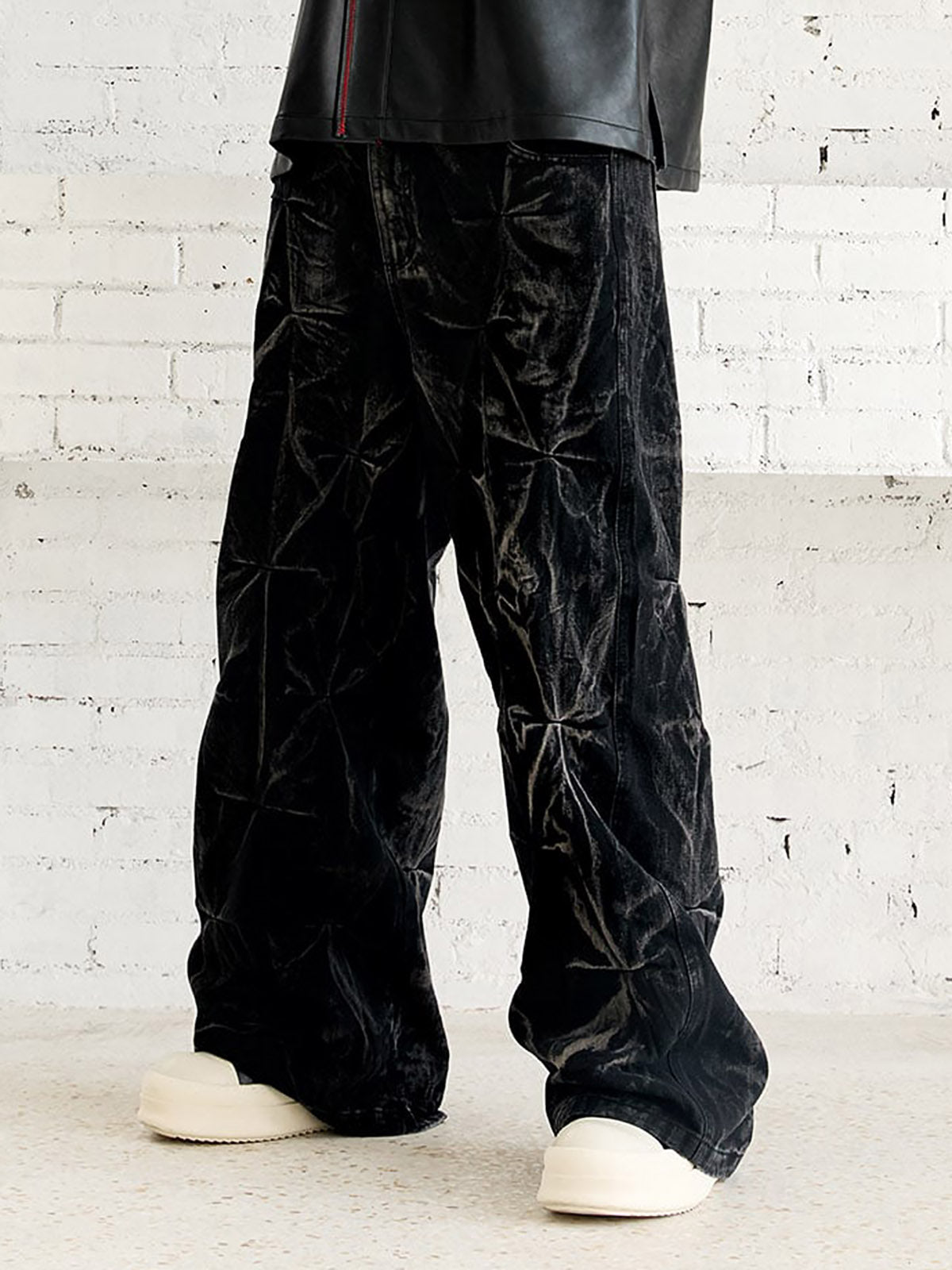 Calça Heavy Washed Distressed Pleated Baggy Jeans