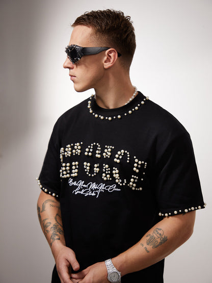 Camiseta Elegant Pearl-Embellished Oversized