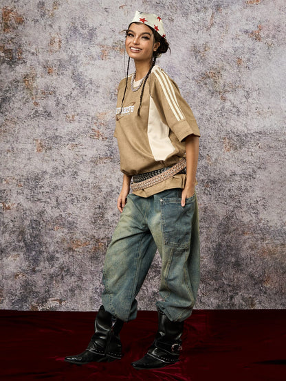 Camiseta Suede Contrast Spliced Oversize