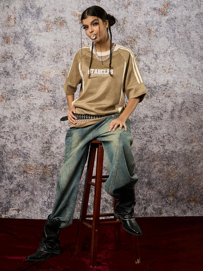 Camiseta Suede Contrast Spliced Oversize