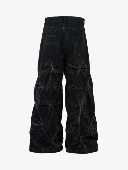 Calça Heavy Washed Distressed Pleated Baggy Jeans